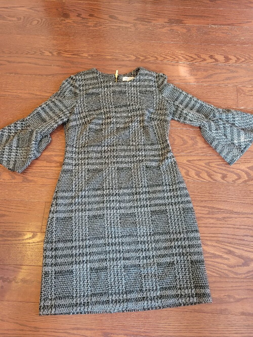 Calvin Klein Women's Size 4 Plaid Ponte Knit Bell Sleeve Dress Black Gray